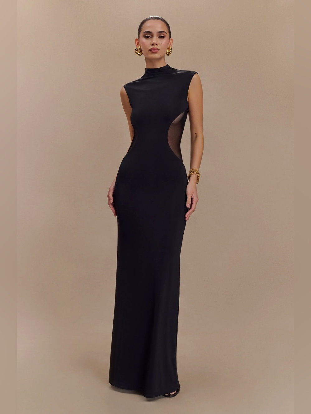 NWT Meshki Massie Slinky and Mesh Maxi Dress gown mock high neck mesh cutouts